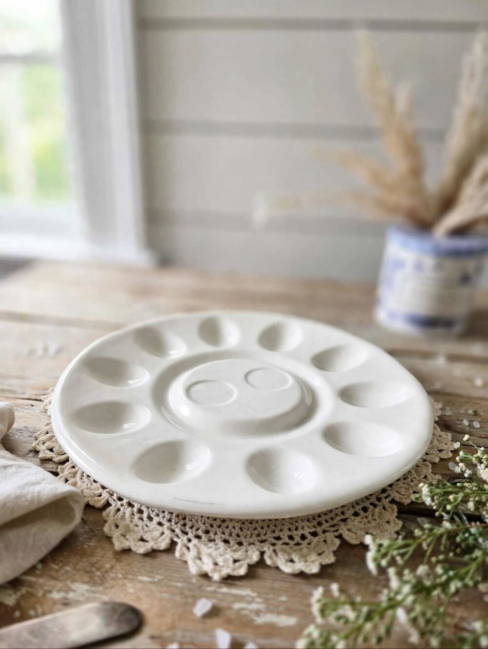 Vintage White Ceramic Deviled Egg & Oyster Serving Plate | Minimalist Ironstone